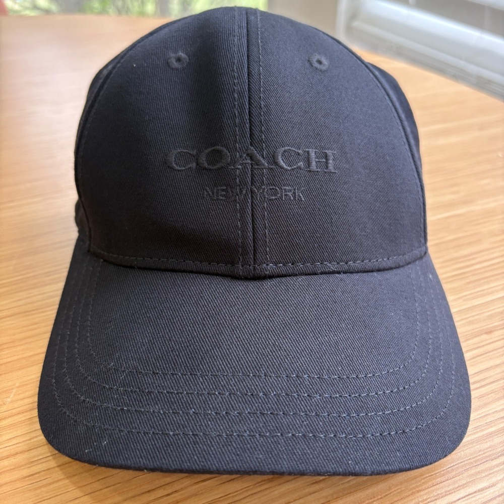 Coach New York Embroidered Black Cotton Baseball Cap Leather Strap Hat CA464 M/L